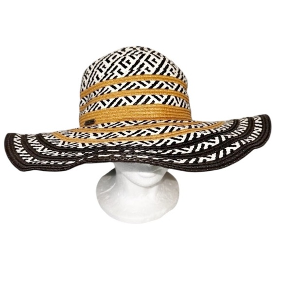 Steve Madden Sun Floppy Hat White Black Paper Straw Khaki One Size Wide brim - Picture 1 of 8